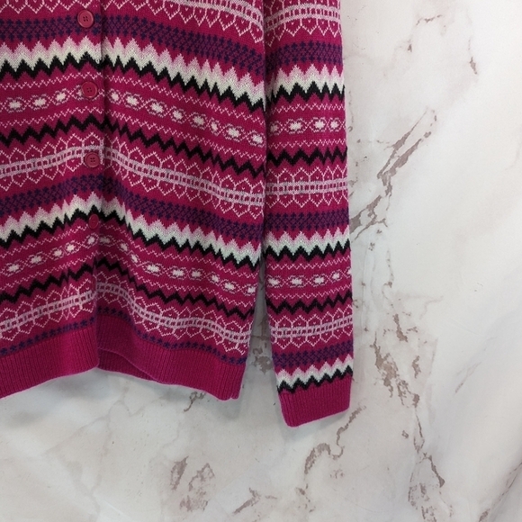 Talbots Cardigan Womens Medium Pink Lambs Wool Sweater Fair Isle Stripe Nordic - Picture 3 of 11